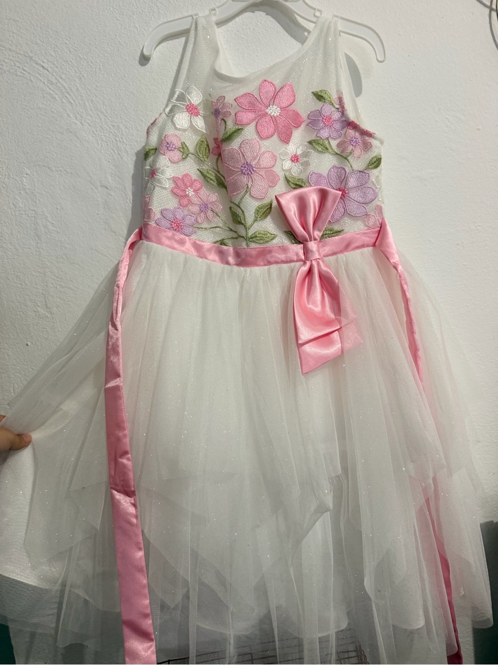 Girls White Tulle Floral Party Dress with Pink Bow